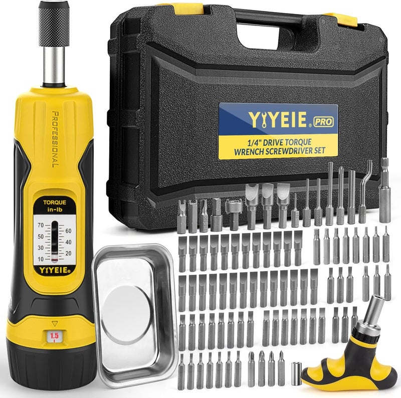 YIYEIE 90Pcs Master Torque Screwdriver Set, 10-70 IN.LB, Inch Pound Torque Screw Driver with S2 Bits, Includes Flat, Hex, Torx, and Phillips Bits, T-BAR Ratchet Wrench, All in One Torque Tool Kit - Image 1